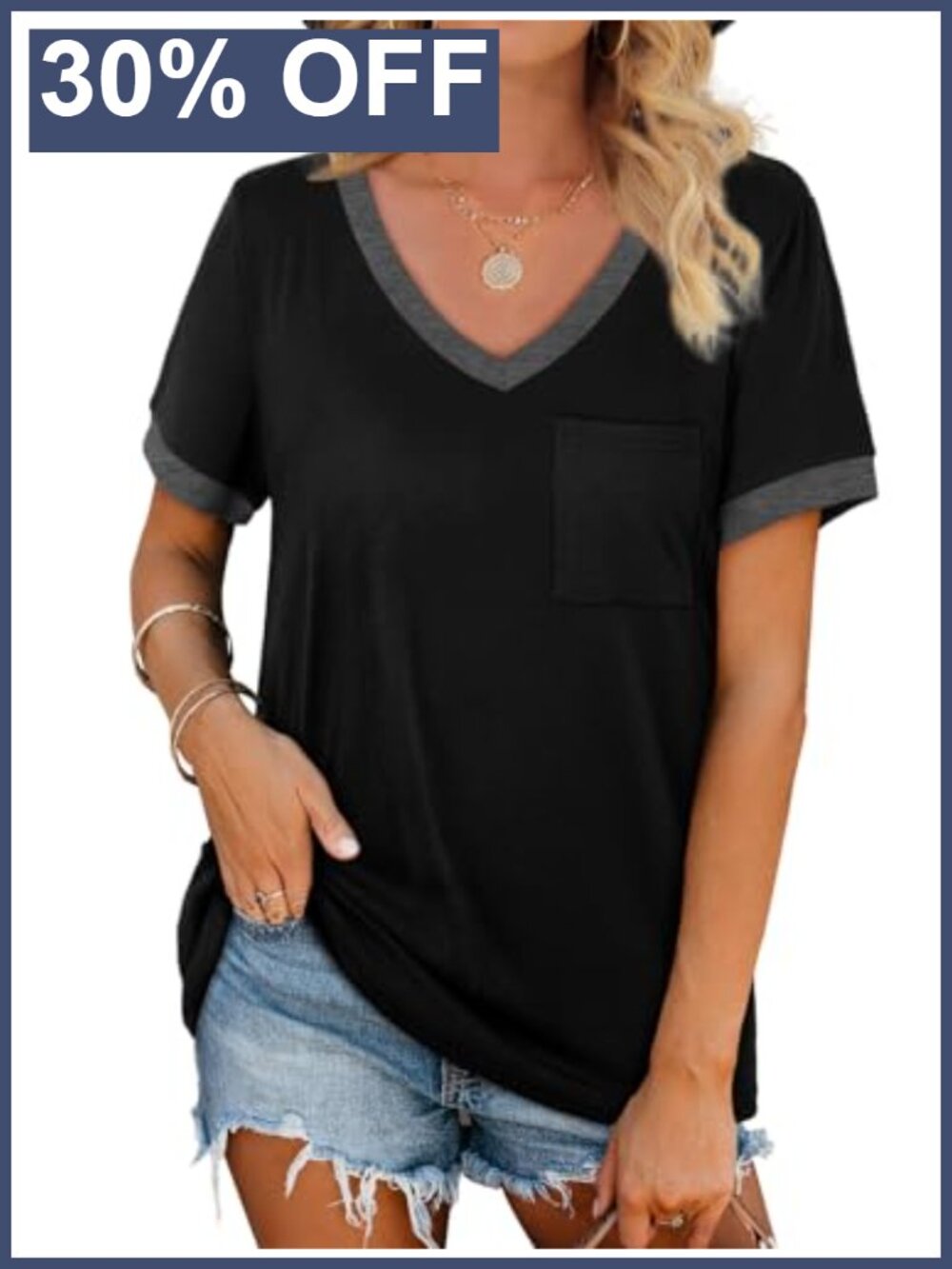Womens V Neck Short Sleeve Loose Casual Summer T Shirt with Pocket